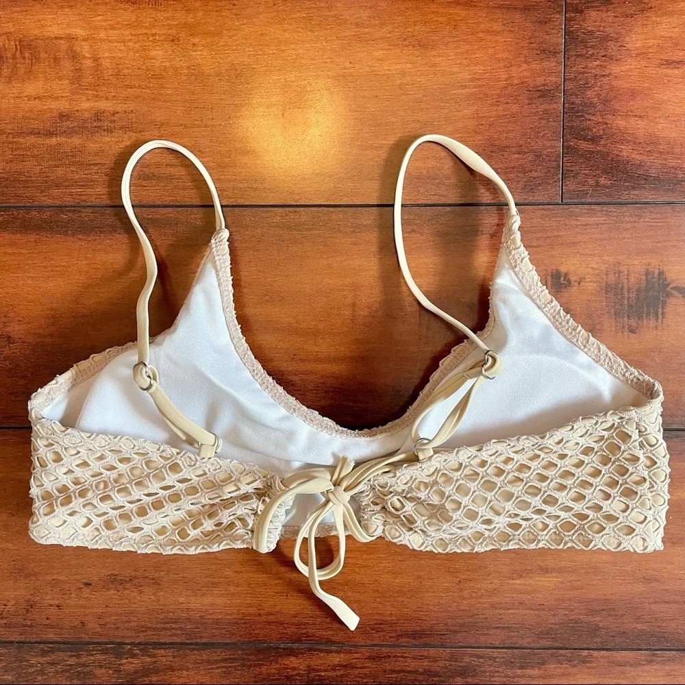 Nude Fishnet Bikini Cheeky High Leg Bottoms Criss Cross Top Size Large - Picture 4 of 14